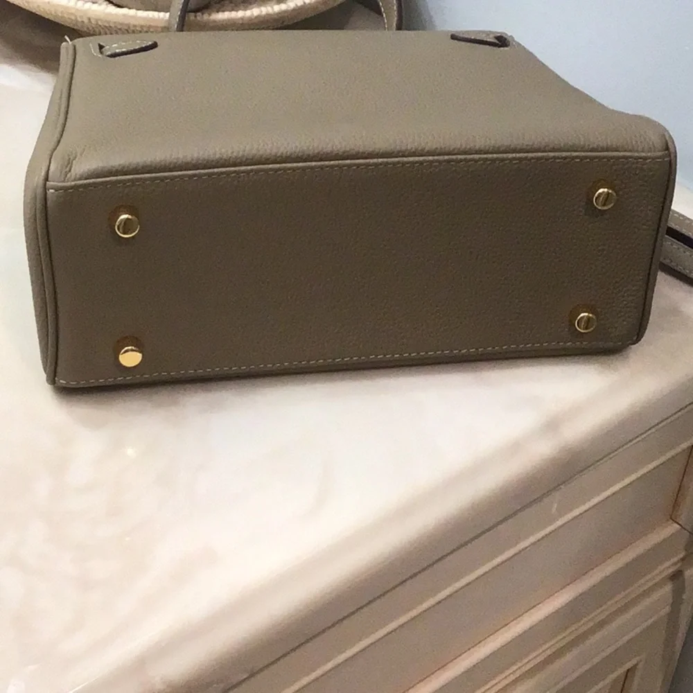 New Elegant Taupe Designer Inspired Satchel Bag with crossbody strap. - Picture 6 of 12